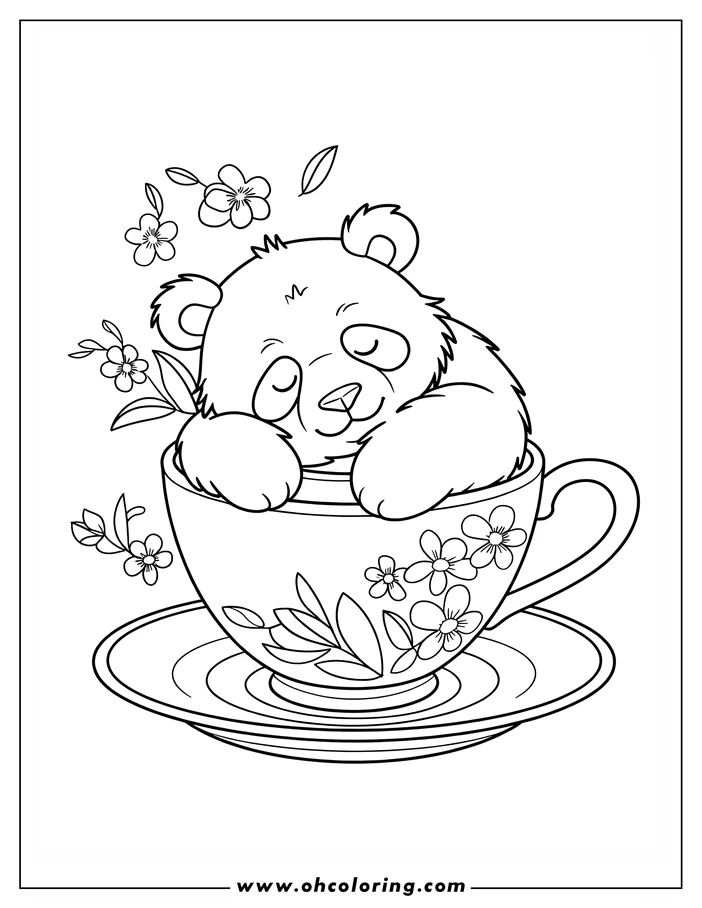 Outline of a panda sleeping inside a decorated teacup on a saucer, surrounded by small flowers and leaves.