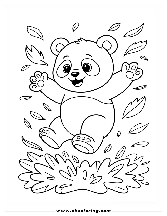 Line art of a panda cub jumping into a pile of autumn leaves.