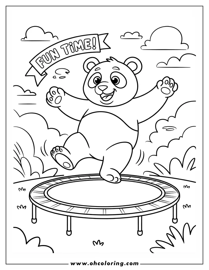 Line art of a happy panda jumping on a trampoline outdoors.