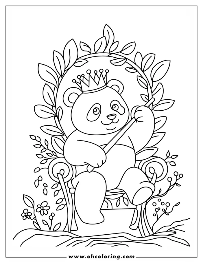 Outline of a panda wearing a crown, sitting on a throne and holding a scepter
