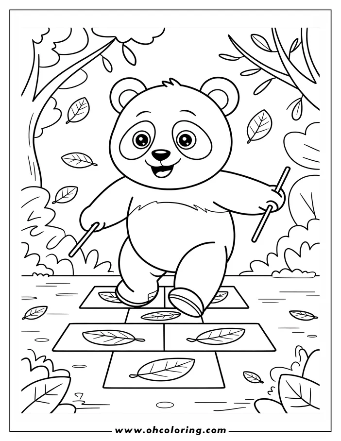Outline of a cheerful panda bear playing a game of hopscotch using fallen leaves as markers in an autumnal setting.