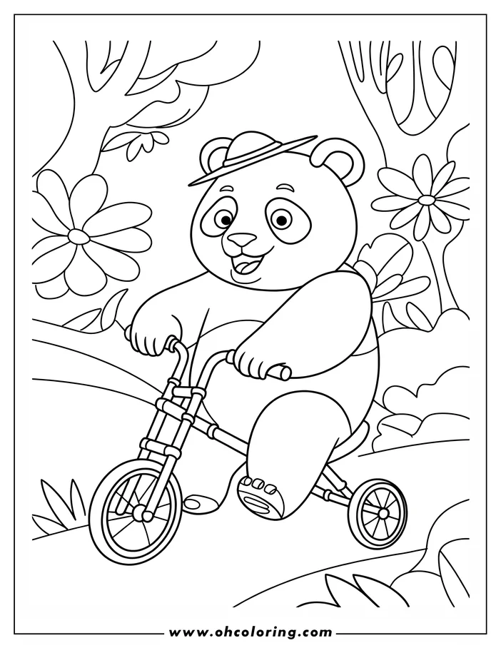 Outline of a panda wearing a hat and riding a tricycle in a garden with flowers and trees.
