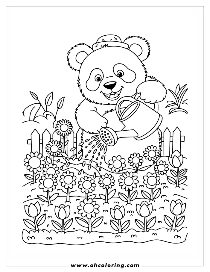 Outline of a panda wearing a hat and watering flowers in a garden with a small fence.