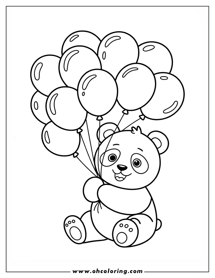 Outline of a panda bear sitting and holding a bunch of balloons.