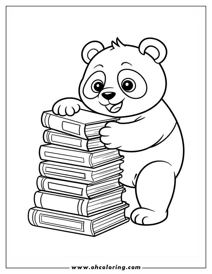 Outline of a panda bear standing next to a tall stack of books