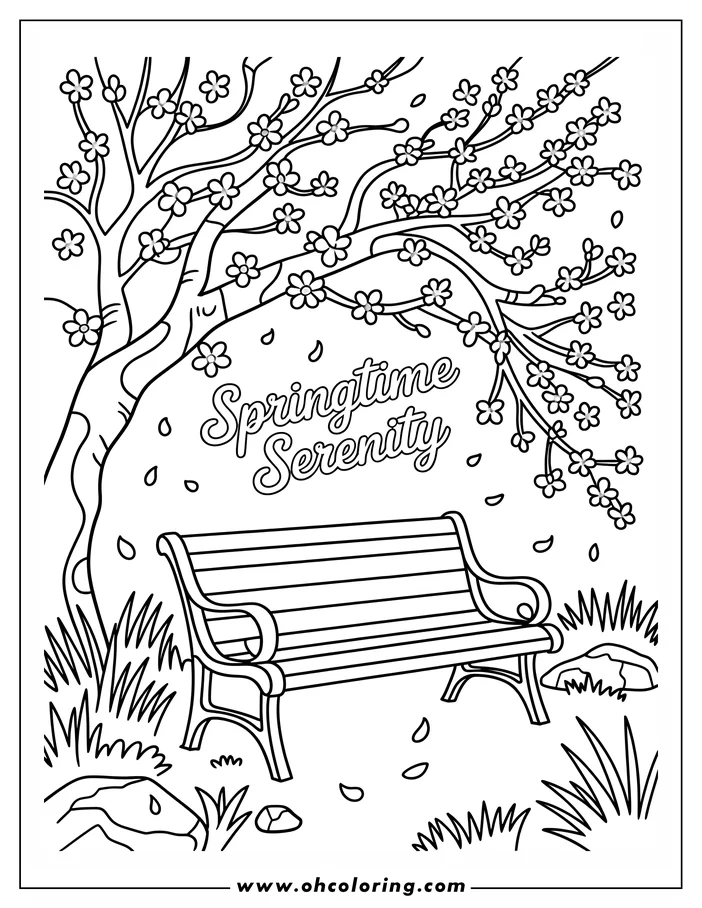Line art of a park bench under blooming cherry blossom trees.  Falling petals drift down around the bench.  The bench has a classic slatted design and curved armrests. Grass and rocks are visible in the foreground, creating a peaceful spring scene.  This is a coloring page design.