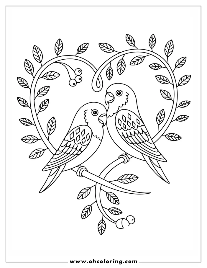 A line art drawing for coloring depicts two parrots nestled within a heart-shaped frame of vines. The parrots have diamond-patterned markings on their feathers and perch closely on the vine branch. Clusters of small round berries hang from the leafy vines. Perfect Valentine's Day coloring.