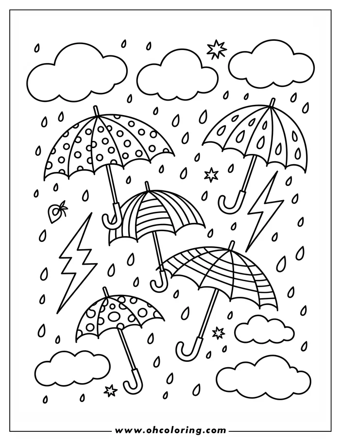 Line art of umbrellas with various patterns falling through a rainy sky with clouds, raindrops, and lightning.