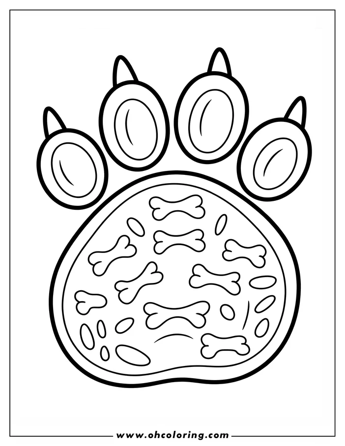 Line art of a paw print filled with various dog bones. This is a simple image, perfect for a coloring page.
