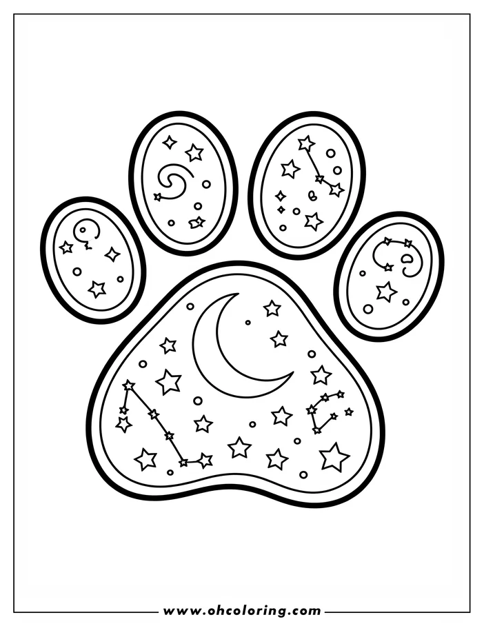 Outline of a paw print containing a crescent moon, stars, and constellations.