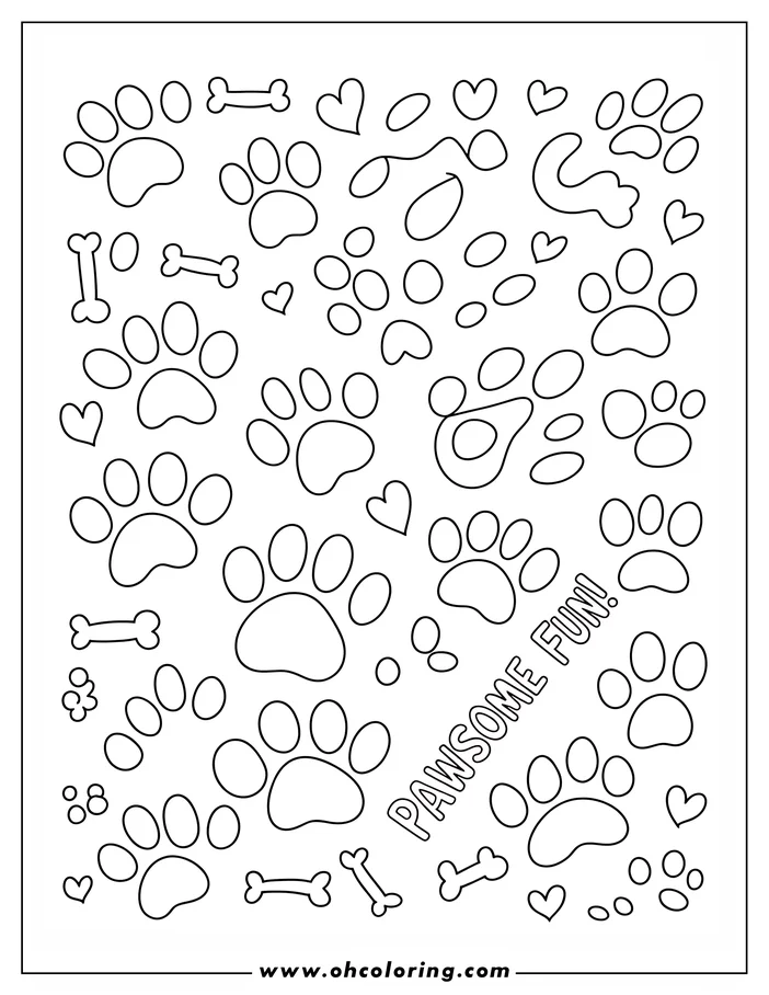 Simple line art of dog paw prints, bones, and hearts scattered across the page.