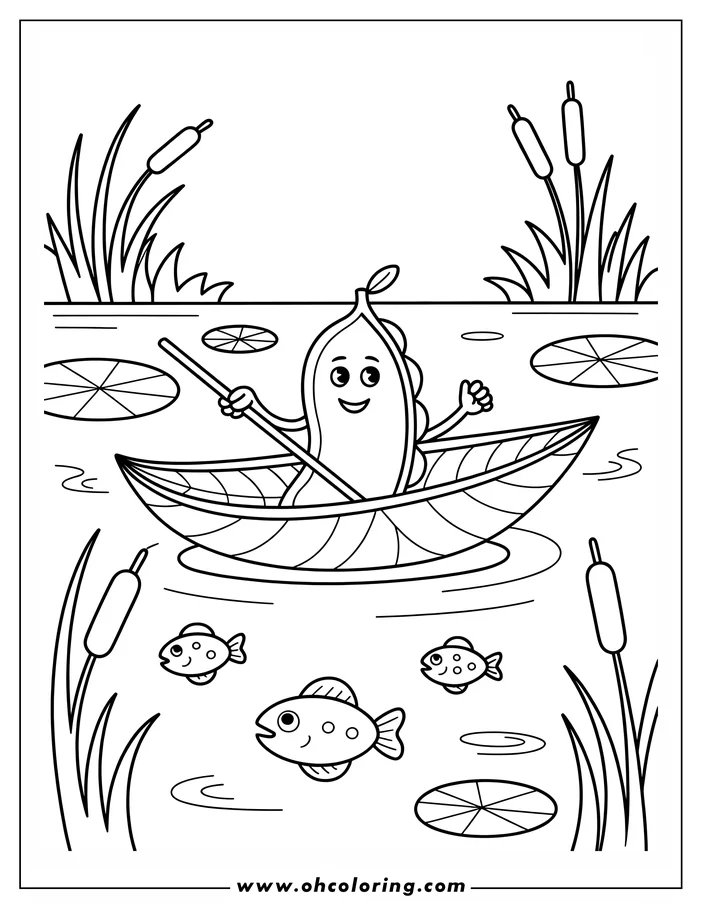 Whimsical coloring sheet design of a pea pod rowing a leaf boat on a pond. The happy pea pod character holds a stick as an oar. Several small fish swim around the boat, and cattails grow along the water's edge. Lily pads dot the pond's surface.