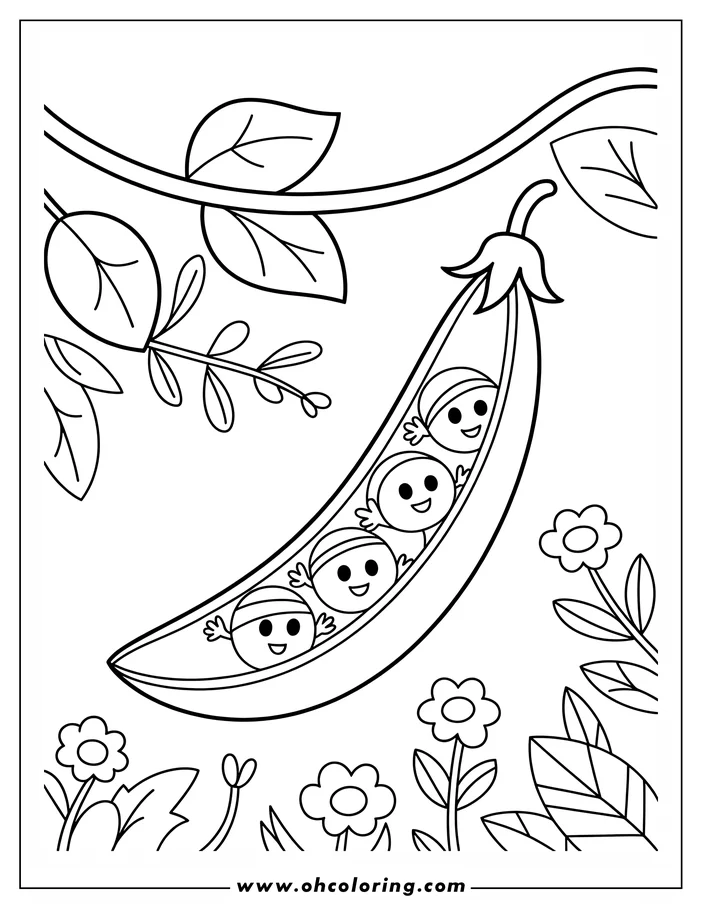 Line art of four peas inside an open pea pod. Each pea has a simple, happy face and a striped cap on its head. The pod hangs from a vine with leaves, and flowers and additional foliage frame the bottom of the scene, creating a cute vegetable-themed coloring sheet design.