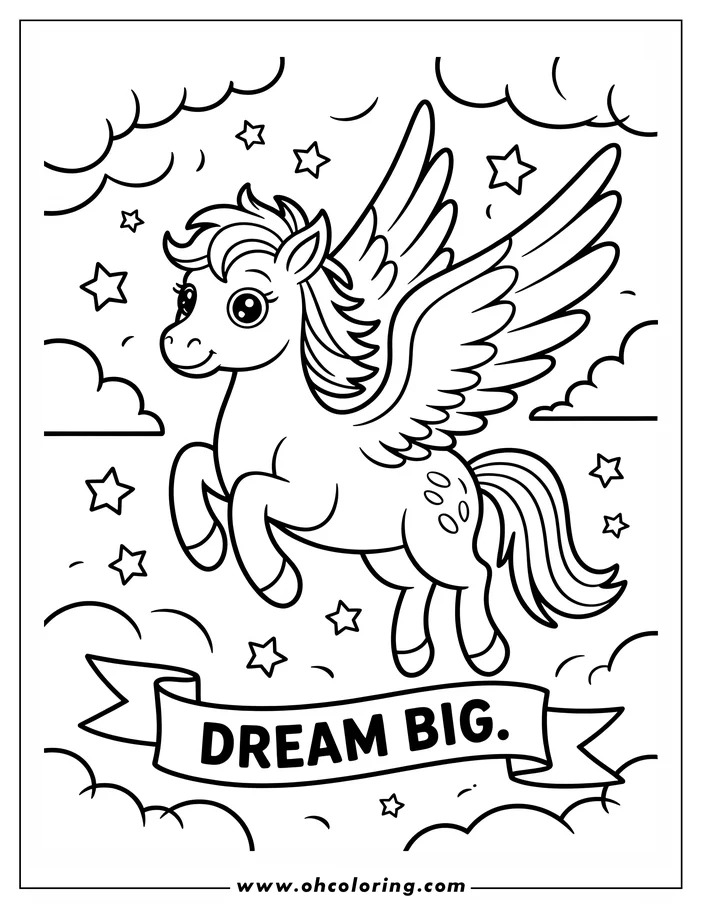 Line art of a pegasus flying in the sky with a banner below that says "DREAM BIG."