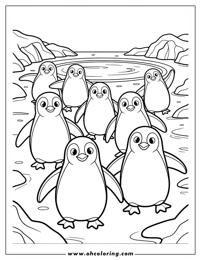 Seven penguins stand near a pool of water at the zoo.