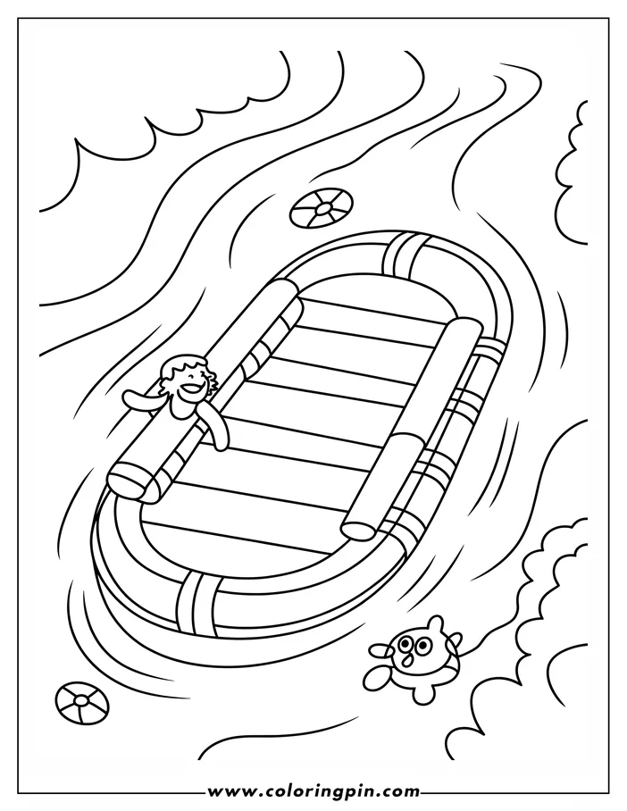Cartoon person rafting down a river with a surprised-looking crab nearby.