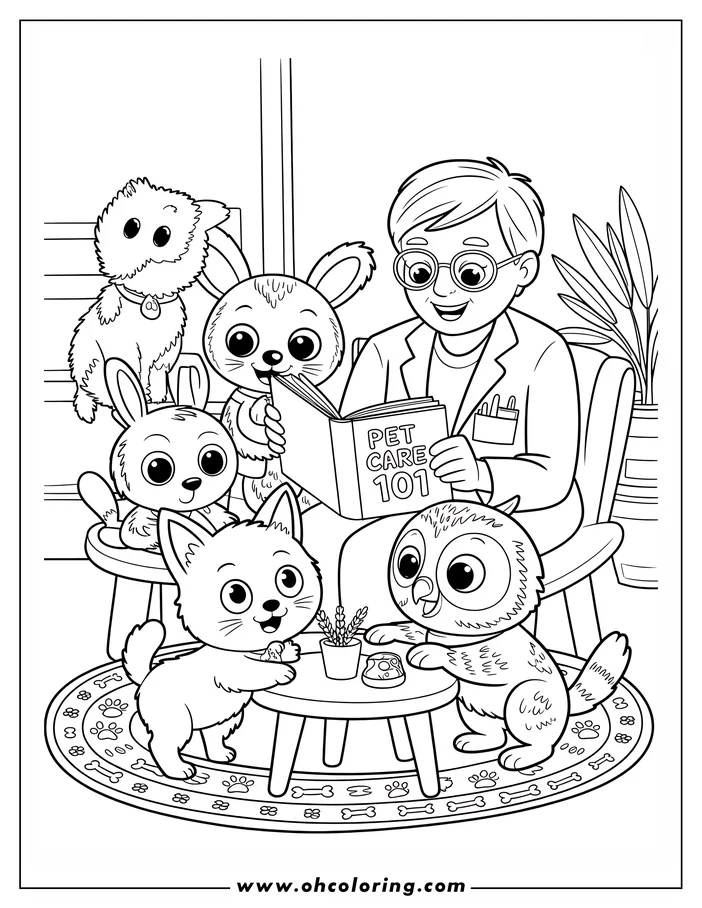 Line art of a veterinarian reading to a group of pets, including a dog, rabbit, cat, and owl, from a book titled 'Pet Care 101'.