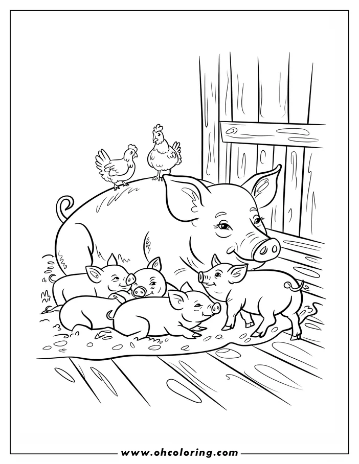 Outline of a mother pig with three piglets and two chickens in a barn