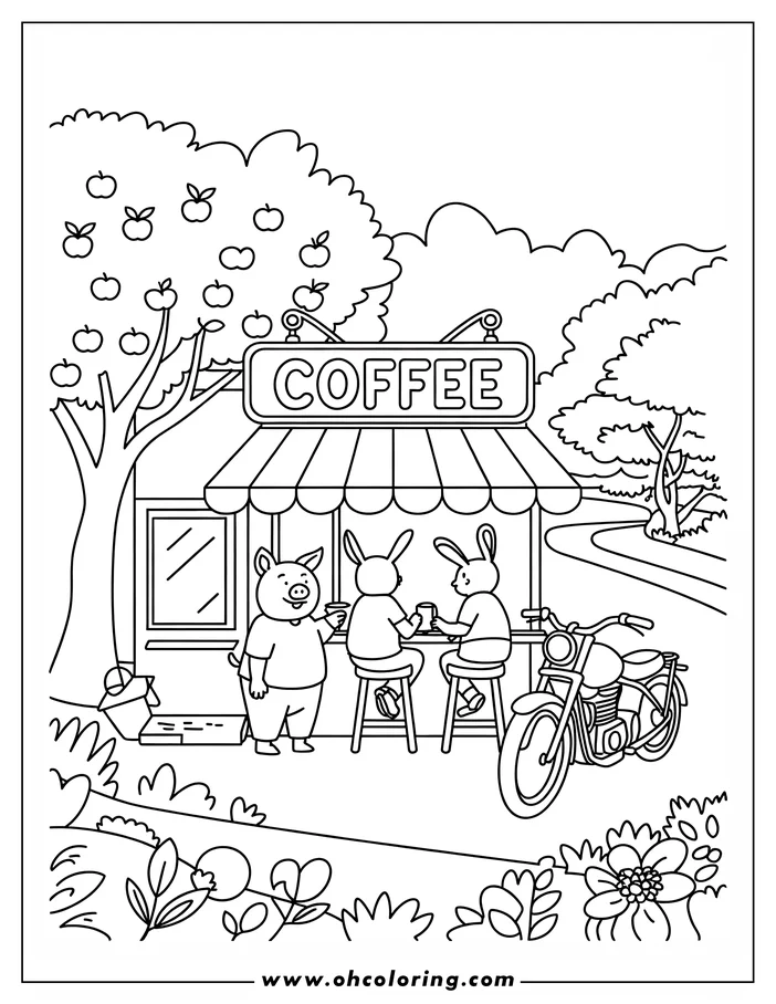 Outline of a pig and two rabbits at an outdoor coffee shop, with an apple tree and motorcycle nearby.