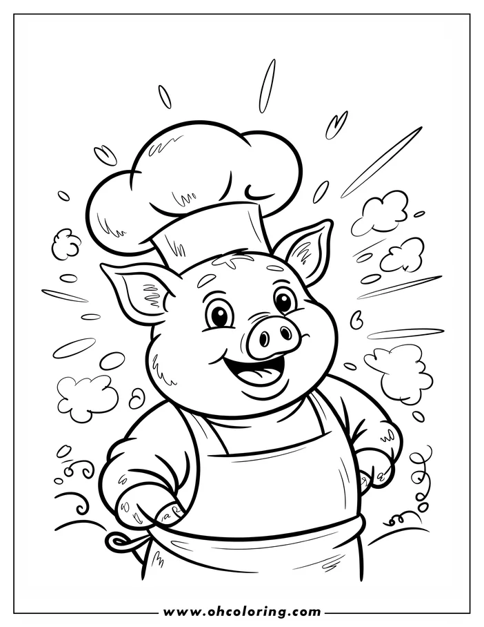 Line art of a cartoon pig wearing a chef's hat and apron, ready to cook up a storm.