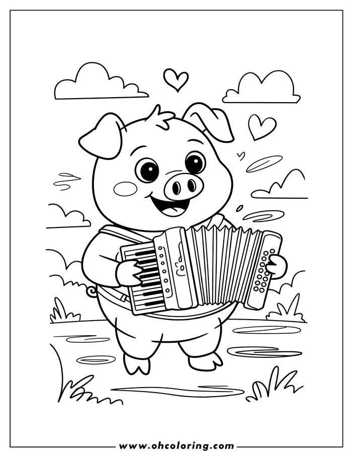 Line drawing of a cheerful pig playing an accordion while wearing overalls, surrounded by hearts, grass tufts and clouds.