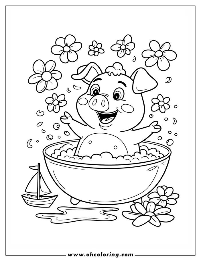 Outline of a cheerful pig taking a bubble bath in a large basin, with flowers and a toy sailboat nearby.