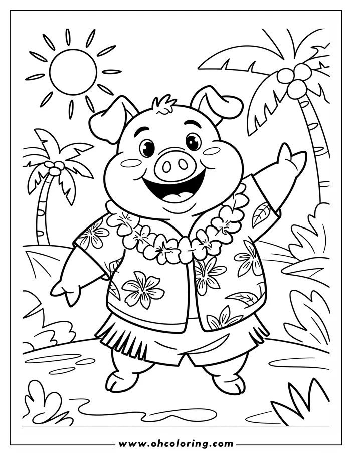 A cartoon pig dressed in a Hawaiian shirt and lei stands on a tropical beach, gesturing towards the viewer.