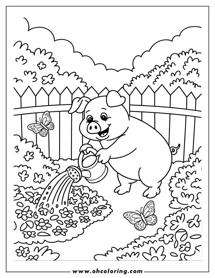 A pig watering flowers in a garden, with butterflies nearby.