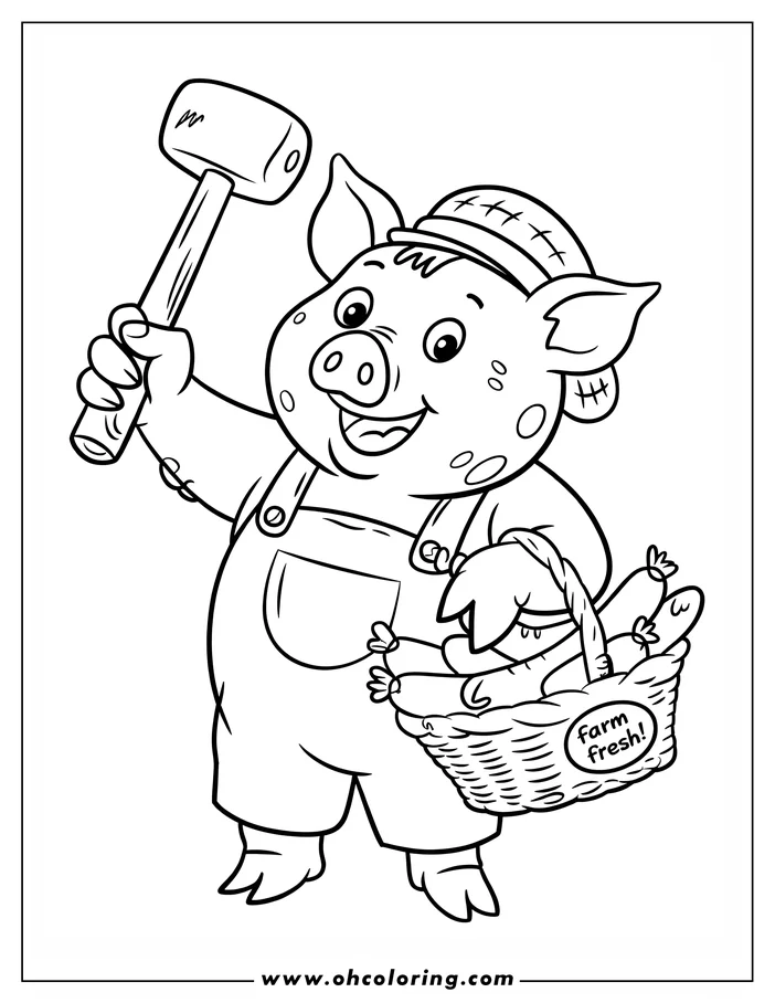Line art of a pig holding a hammer and a basket of farm fresh produce, including sausages and carrots