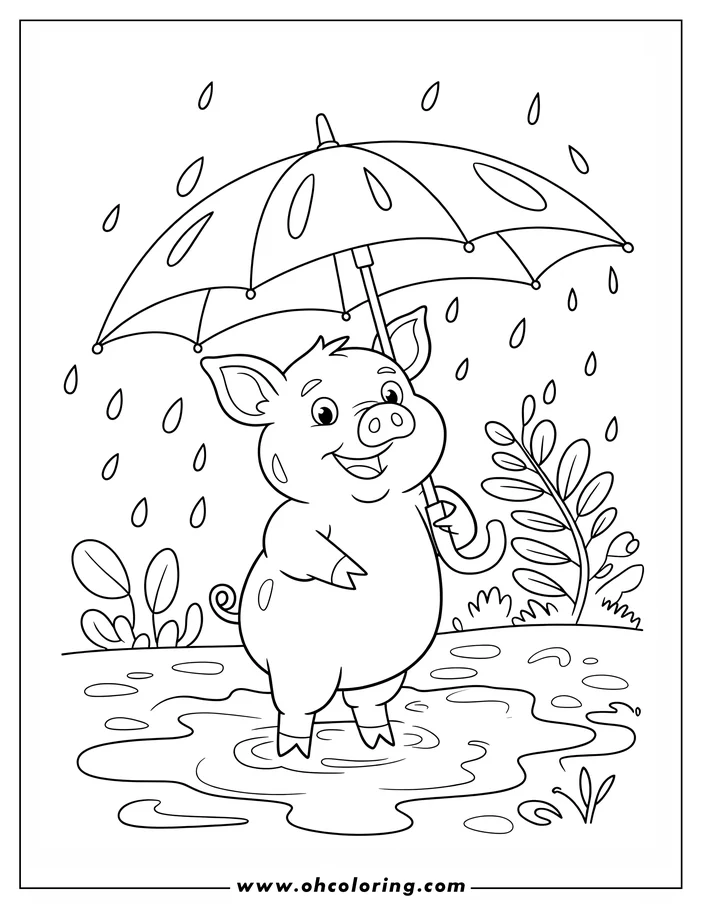 Line art of a cheerful pig holding an umbrella while standing in a puddle in the rain. Small plants are visible in the background.