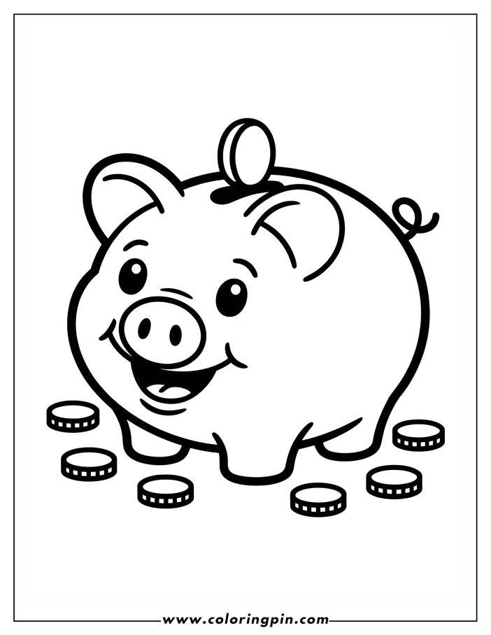 Outline of a cheerful piggy bank with coins