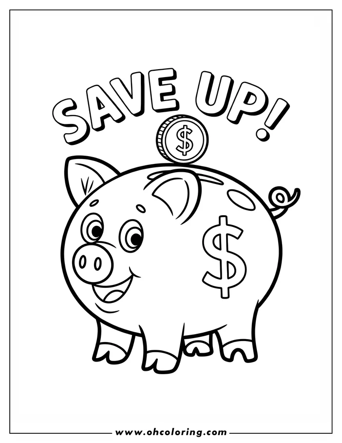 A cheerful cartoon piggy bank with a coin on its back, ready for saving money.