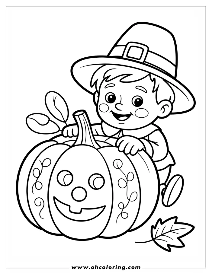 Line art of a smiling pilgrim boy standing with a large, carved pumpkin. An autumn leaf rests beside them.
