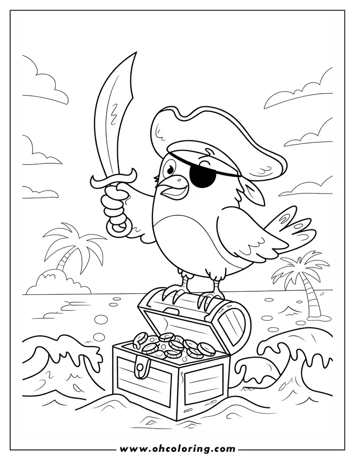 Line art of a pirate bird standing on a treasure chest, holding a cutlass. Small islands are visible in the background.