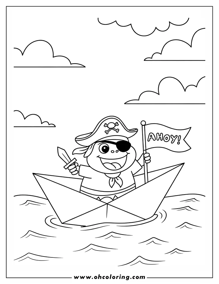Outline of a cartoon pirate sailing in a paper boat on a calm sea, holding a sword and "Ahoy!" flag