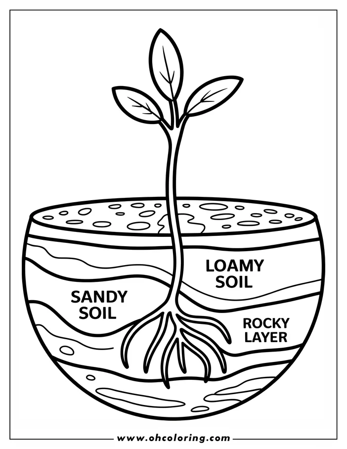Line art of a small plant growing in a cross-section of soil, showing the roots and different soil layers.  This simple drawing for coloring demonstrates sandy soil, loamy soil, and a rocky layer, making it ideal for an Earth Day coloring page.