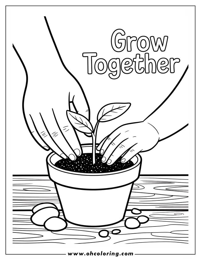 Line art of two hands, one larger and one smaller, gently planting a small seedling in a flowerpot.  Several pebbles are scattered on the wooden table below. This is a drawing for a coloring page.