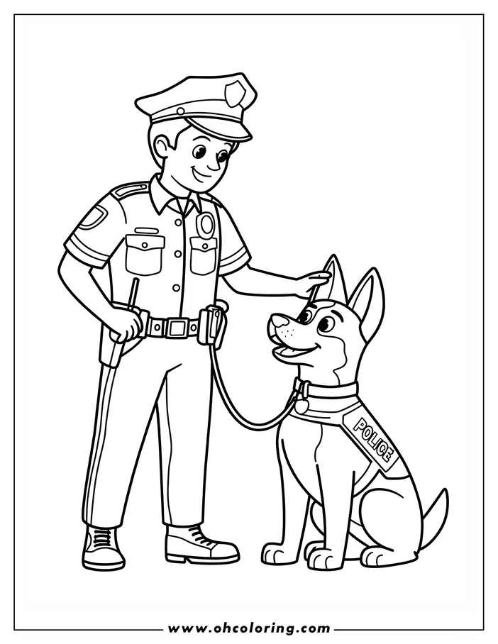 A police officer gently pets their police dog, who's sitting obediently beside them