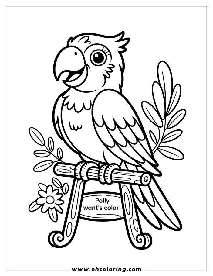 Line art of Polly the Parrot perched on a stand with a flower and leaves.