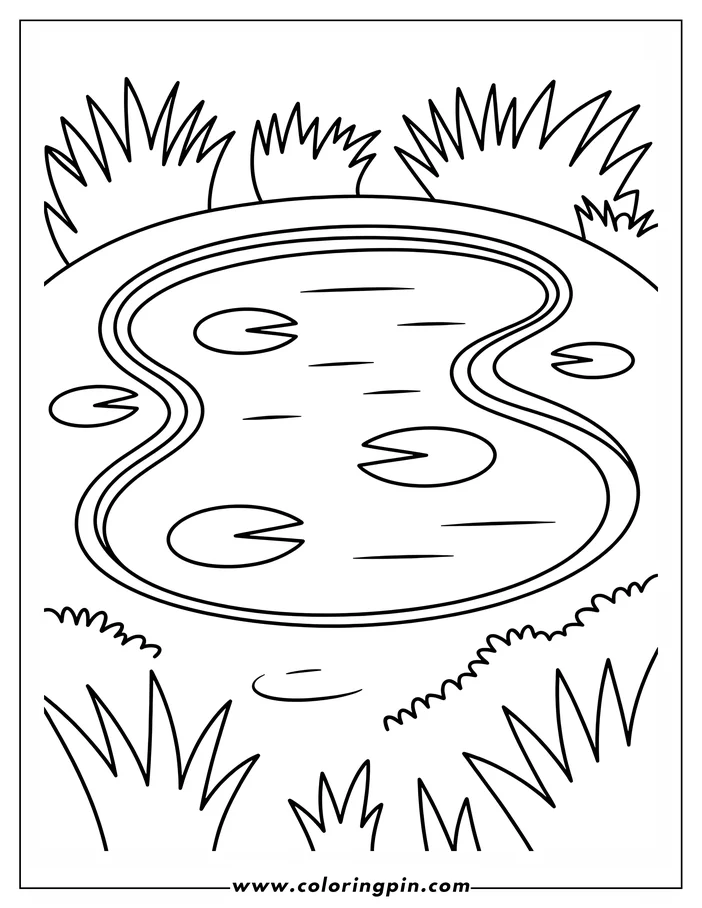 Outline of a pond with lily pads and surrounding grass.
