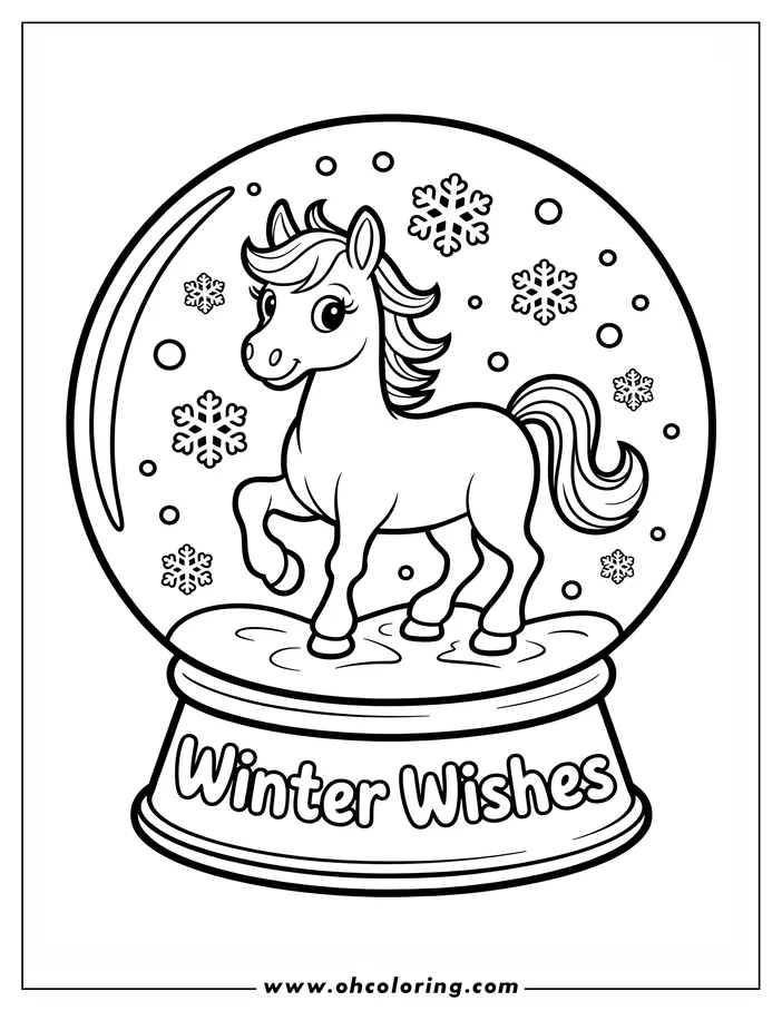 Outline of a pony inside a snow globe with snowflakes. The base of the globe reads 'Winter Wishes'.