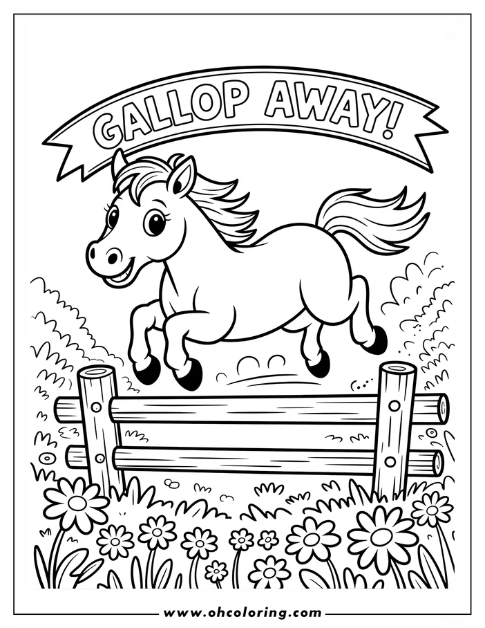 Outline of a cartoon pony jumping a wooden fence in a field of daisies.
