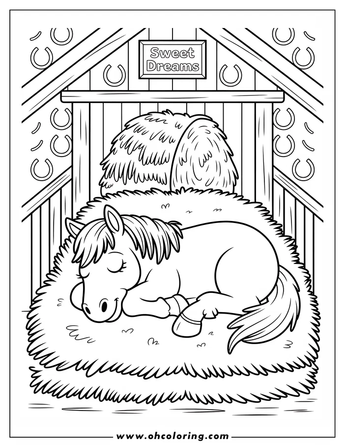 Outline of a pony sleeping peacefully on a bed of hay in a stable. A sign reading "Sweet Dreams" hangs above.
