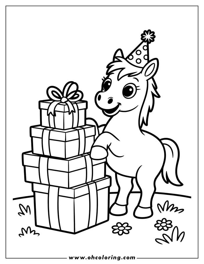 Outline of a cheerful pony wearing a birthday hat and standing next to a stack of wrapped presents with bows.