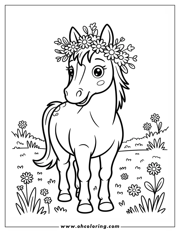 Outline of a pony wearing a flower crown, standing in a field of daisies.
