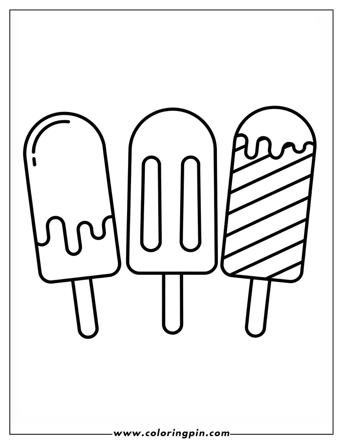 Outline of three different popsicles on sticks. Two are melting and one is striped.