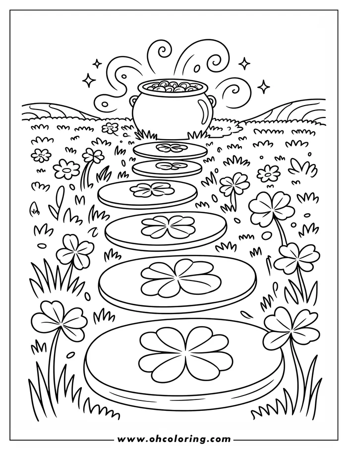 Line art illustration of a pot of gold overflowing with coins at the end of a path made of large shamrocks. Smaller shamrocks and tufts of grass fill the surrounding field, creating a St. Patrick's Day coloring sheet design.