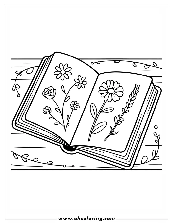 Line art of an open book with various pressed flowers on its pages. The flowers appear to be daisies, a rose, and lavender. The background features a wooden surface with vine decorations. This is a coloring sheet design.