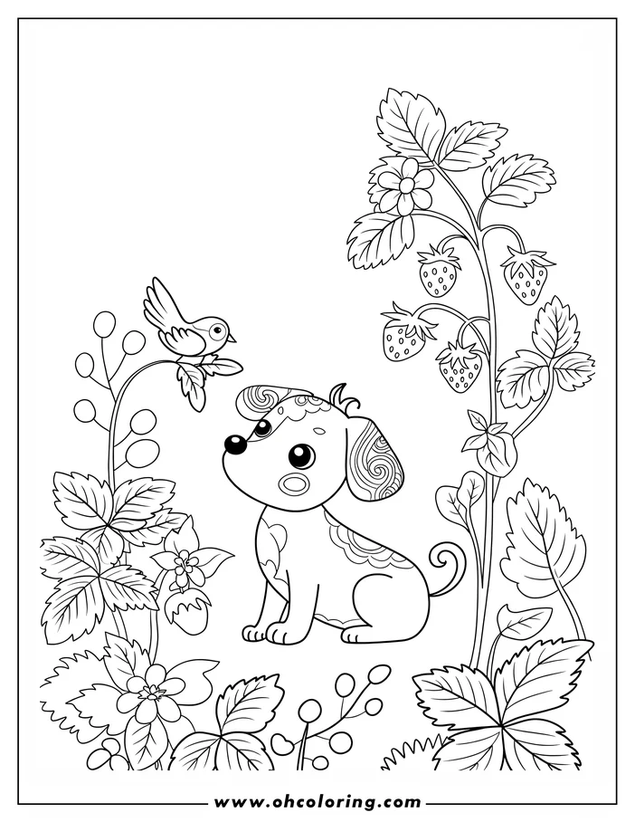 A puppy sits near a strawberry patch, watching a small bird perched on a stem. Flowers and ripe strawberries are visible among the leaves. This is a detailed line art illustration.