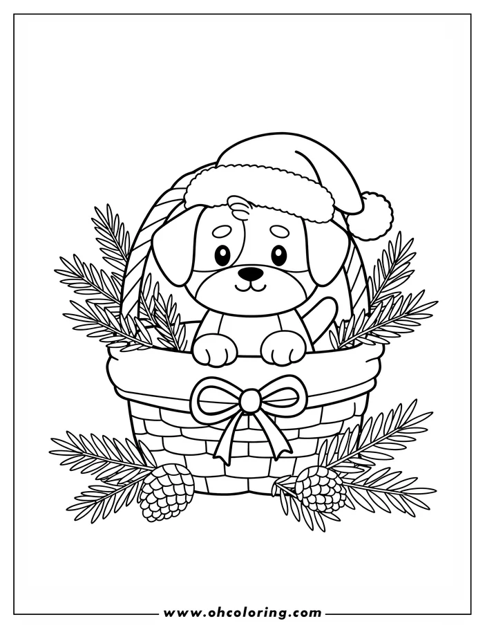 Outline drawing of a puppy sitting in a gift basket wearing a Santa hat, surrounded by pine cones and branches.
